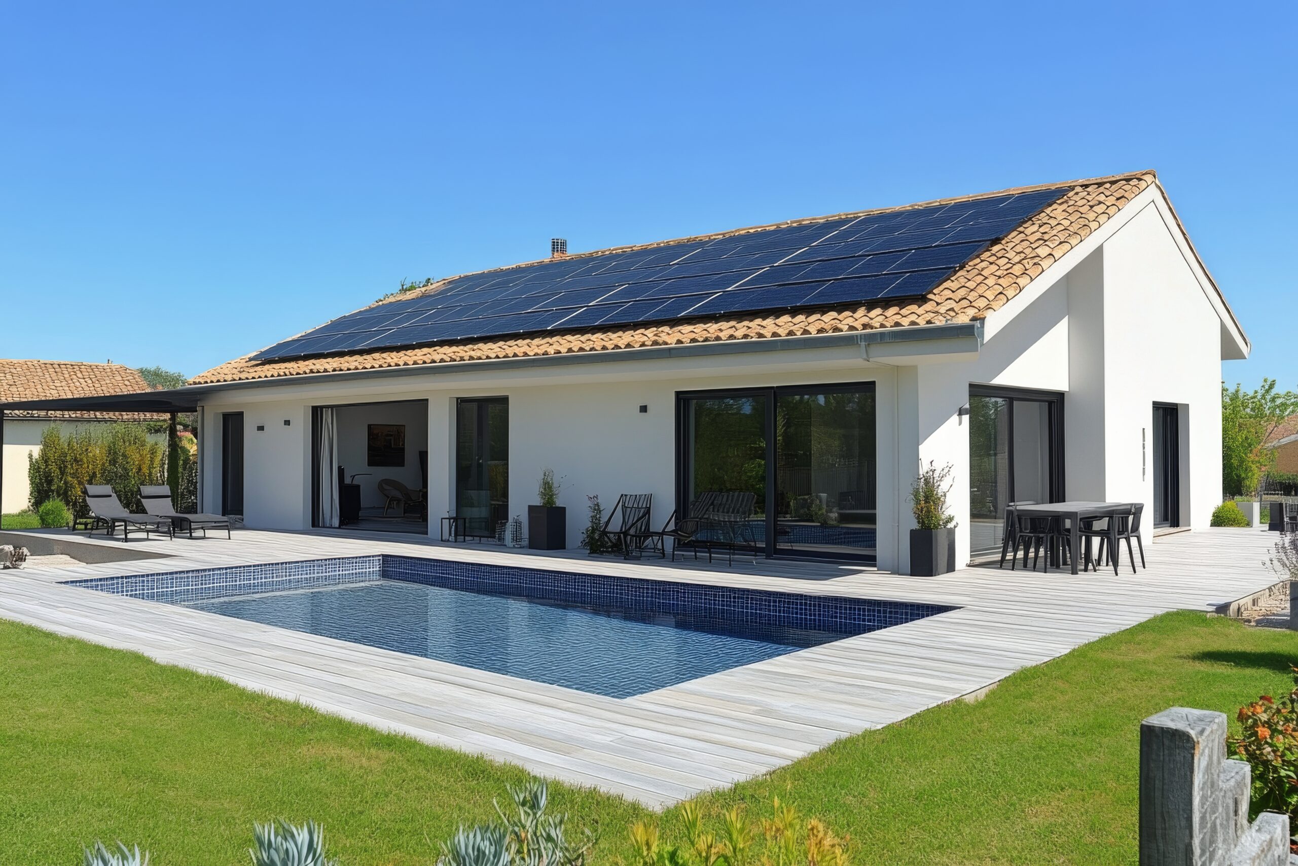 Maison contemporaine avec grande piscine intégrée dans un aménagement paysager